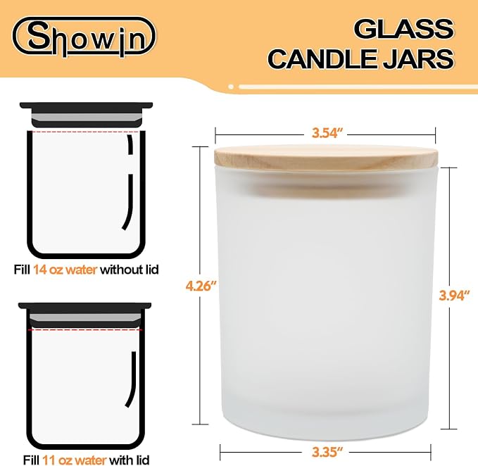 SHOWIN 14 OZ Thick Candle Jars for Making Candles 12 Pcs, 3 Wick Empty Jars with Wood Lids for Candle Making, Sample Container,Frosted White