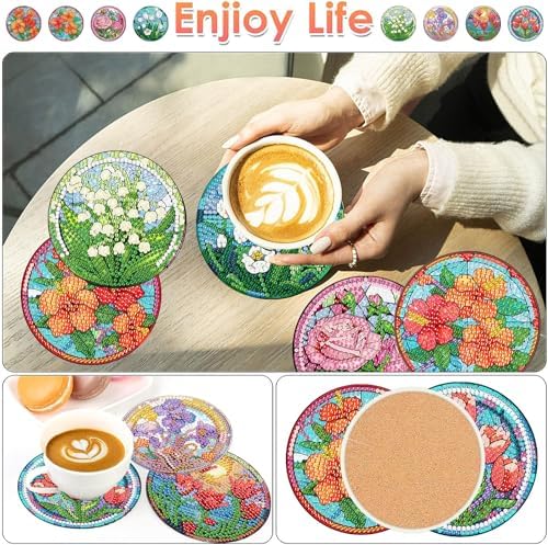 ijbnhd 8 PCS Flowers Diamond Art Coasters (Cork Wooden Pad)