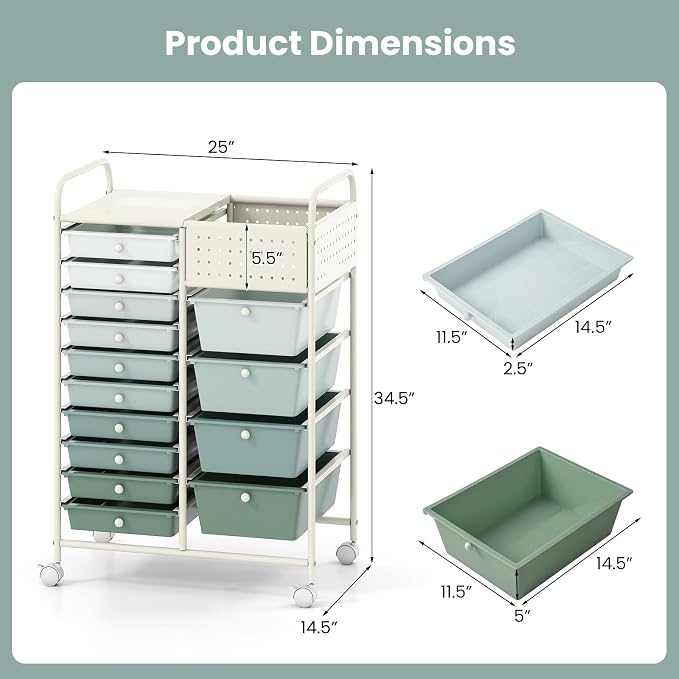 Giantex 14 Drawer Storage Cart, Rolling Craft Cart with Metal Tabletop & Pegboard, Mobile Utility Organizer Trolley with Locking Wheels, Home Office, Green Gradient