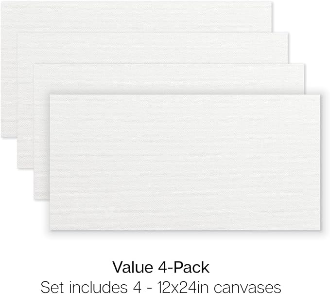 KINGART Stretched White Canvas Set – Panoramic, 12x24 Inch, 4-Pack – 100% Cotton, Triple Gesso Primed – 5/8" Profile Back-Stapled Artist Boards for Acrylic, Oil, Pouring, & Mixed Media Painting