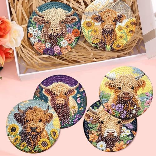 Diamond Art Coasters Kit,8 Pcs Highland Cow Diamond Painting Coasters Kit