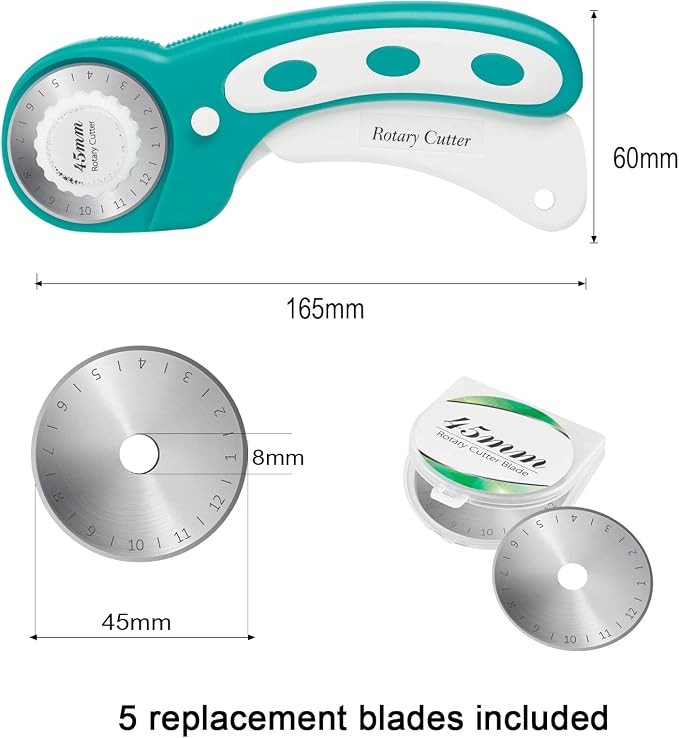 45mm Rotary Cutter with 5pcs Extra Blades, Ergonomic Handle Rolling Cutter with Safety Lock for Fabric, Leather, Crafting, Sewing, Quilting, Fabric Rotary Cutter Perfect for Left & Right Hand (Green)