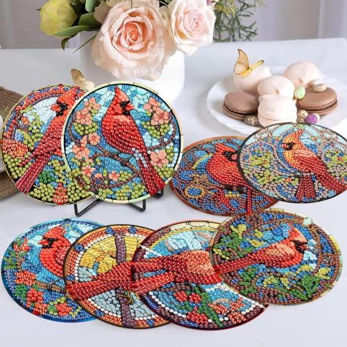 Christmas Cardinal Diamond Art Coasters Kit,8 Pcs Diamond Painting Coasters