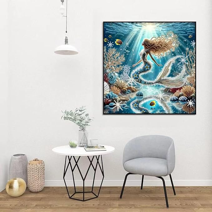 OJTOYART Sea-Maid Diamond Art Kits for Adults, 5D Special ShapeDiamond Art for Beginners，DIY Round Full Drill Diamond Dots,Gem Painting for Adults Crafts Home Wall Decor 11.8 x 11.8 Inch