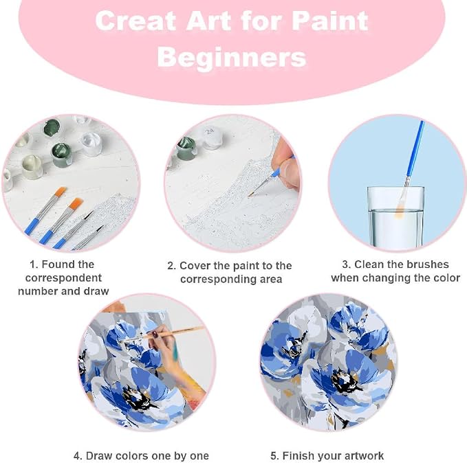 4 Pack Flowers Paint by Number for Adults Kids Framed, Easy Acrylic Adults Paint by Numbers Kits on Canvas with Paints and Brushes, Small Flowers Arts and Crafts Kits for Home Wall Decor (8 x 8 Inch)