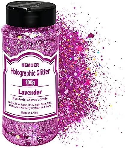 HEMOER 100g Holographic Glitter, Cosmetic Mixed Hexagon Chunky & Fine Craft Glitter Resin Sequins for Epoxy Glass, Resin Art, Body, Hair, Face, Nail, Tumblers, Festival Party - Lavender