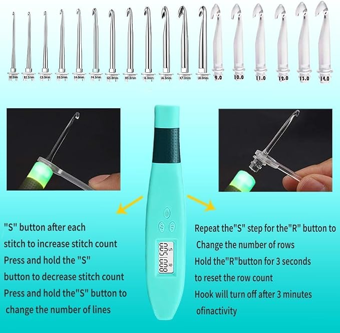 Yarniss 18 Size Counting Crochet Hooks Set with Light Handle 2.0mm~14.0mm