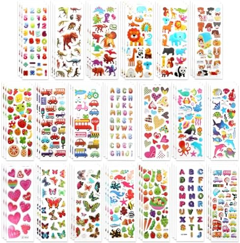 60 Sheets Puffy 3D Stickers for Kids & Toddlers, Variety Adhesive Sticker | Includes Animals Letters Numbers Fruits Dinosaur for Journal Water Bottle Scrapbooking Kids Classroom DIY Craft