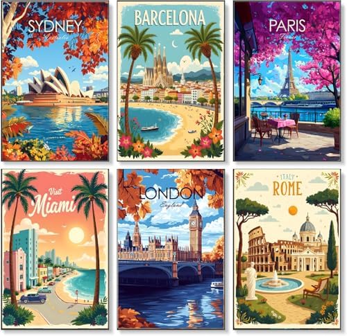 Pixendra 6 Pack Cityscape Paint by Numbers Kit for Adults Beginner,Travel City Easy Paint by Number on Canvas,Acrylic Oil Watercolor Painting kit Arts and Crafts for Room Wall Decor (8x12 inch)