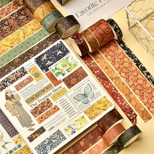 12 Rolls Chinoiserie Washi Tape Set Chinese Arts Adhesive Tapes Geometric Garden Decorative Masking Tape Sets for Craft, Kids, Scrapbook, DIY, Gift Wrapping (Moon Over the Borderlands)