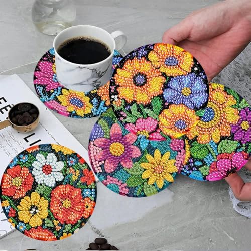 ijbnhd 8 Pcs Flowers Diamond Art Coasters with Holder