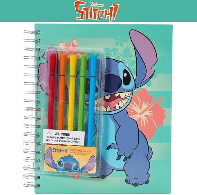 Disney Stitch Sketchbook for Kids with Washable Markers, 86 Blank Pages Spiral Bound, Turquoise