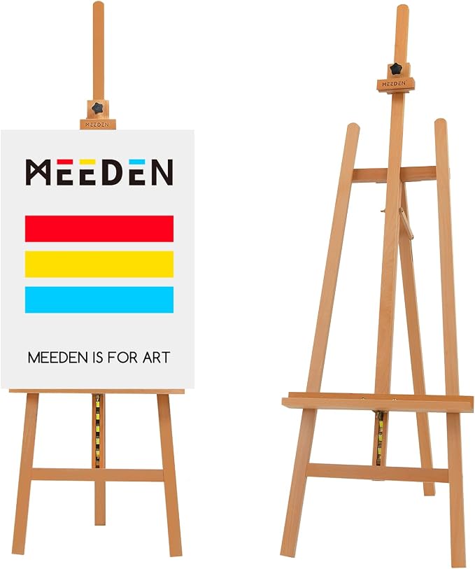 MEEDEN Large Basic Studio Easel: Solid Beechwood, Hold Art Canvas up to 50" | Adjustable Height from 69"-88" for Studio Gallery, Multiple Work Angles A-Frame Easel for Adults Artists Beginners, Natural