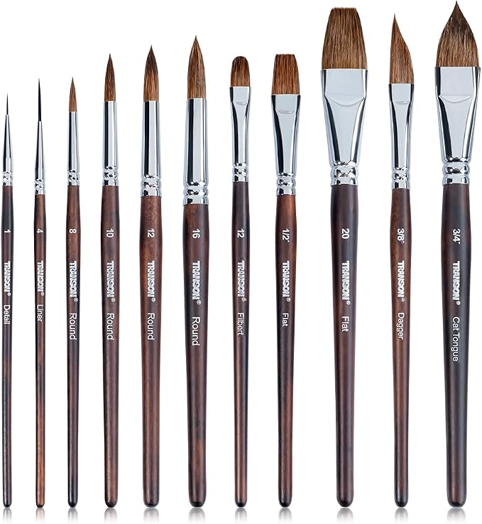 Transon 11pcs Sable Watercolor Brushes Professional Brush Set for Watercolor Painting Gouache Painting