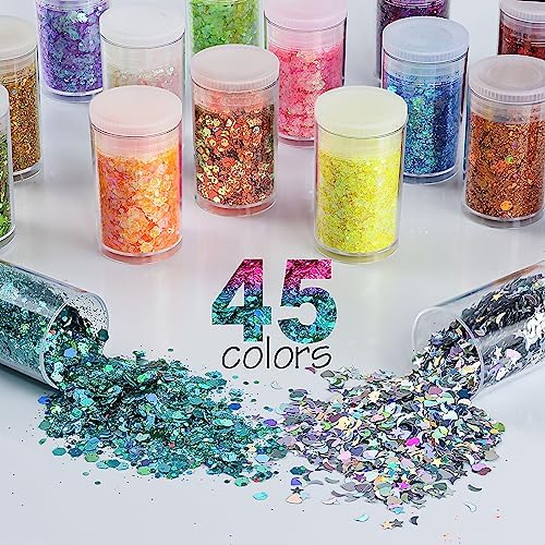 Holographic Chunky and Fine Glitter Mix, 45 Colors Craft Glitter for Epoxy Resin Arts, Iridescent Nail Glitter, Cosmetic Eye Hair Face Body Glitter, Glitter Flakes Sequins for Tumbler Festival Jewelry