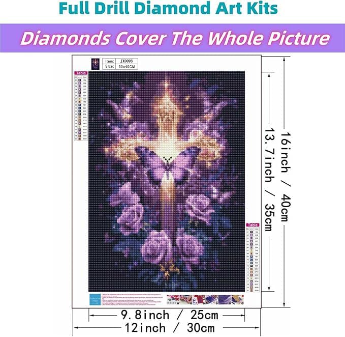 Religious Cross Diamond Art Kits for Adults Beginners-5D Purple Rose Butterfly Diamond Painting Kits for Adults, DIY Full Round Drill Gem Crystal Arts Crafts Paintings for Home Wall Decor 12x16 Inch