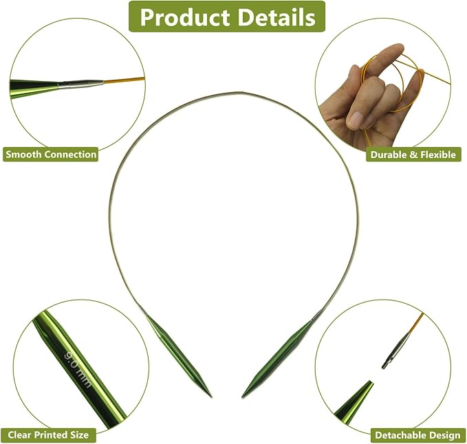 4-inch Knitting Needles Set, 13 Pairs Interchangeable Circular Knitting Needles Set Aluminum 3-10mm with 5 Cables, Knitting Accessories and Case, Green