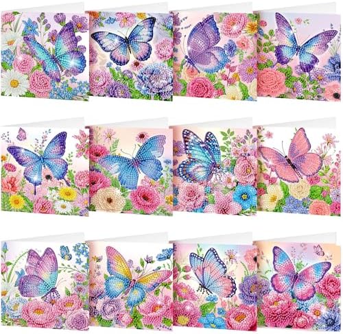 Saillong 12 Pack Butterfly Diamond Painting Greeting Card Kits Summer Diamond Art Cards with Envelopes Purple Butterfly Flowers 5D Rhinestones Painting Kits for Adults DIY Crafts Family Friend Gifts