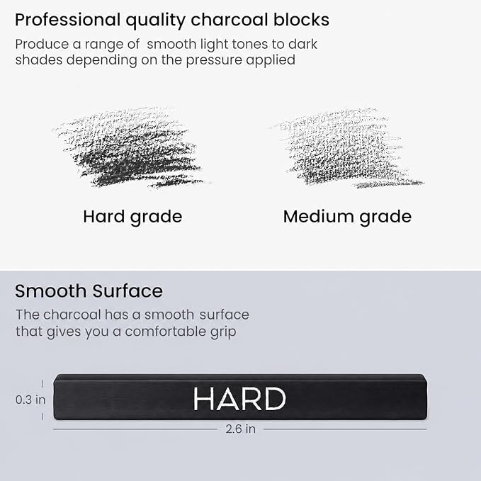 ARTEZA Compressed Charcoal Sticks Set of 16 – Medium and Hard Drawing Crayons for Sketching, Shading, Line Work in Charcoal Art and Figure Drawing | Deep Black Marks, Controlled Lines in Varied Thicknesses, Rich Layered Depth, For Sketching, Shading an...
