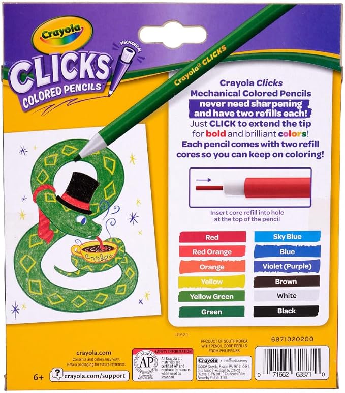 Crayola Clicks 2.0mm Mechanical Colored Pencil Set, 12 Assorted Colors, Coloring Pencils for Kids, No Sharpen, 24 Replacement Cores, Ages 5+
