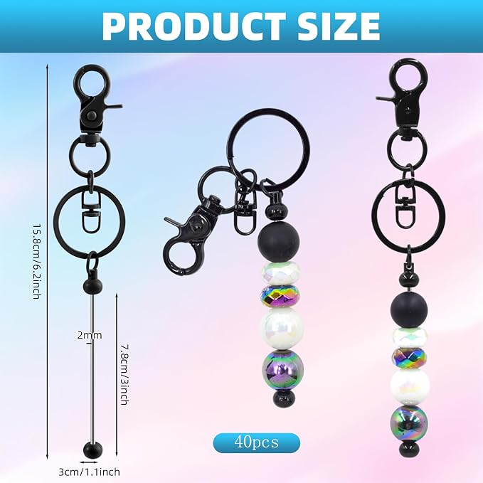 40 Pcs Beadable Keychains Bulk Kit – DIY Keychain Making Supplies with Metal Blanks for Crafts, Jewelry, Charms, Custom Projects – Blank Chain Bars for Beaded Keychain Design (Black)