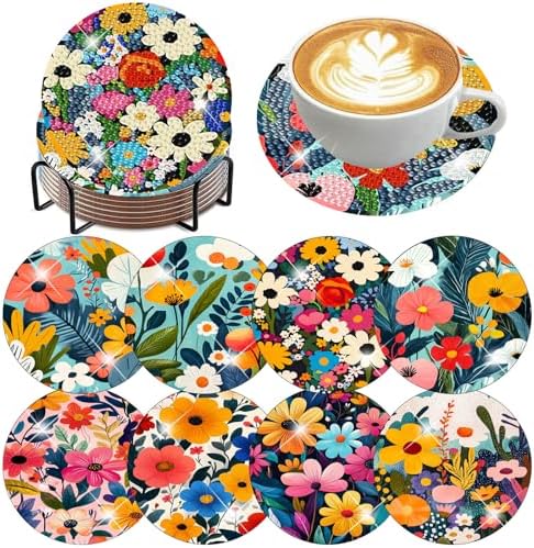 8 Pack Diamond Art Coasters,Wildflowers Diamond Painting Coasters Kits