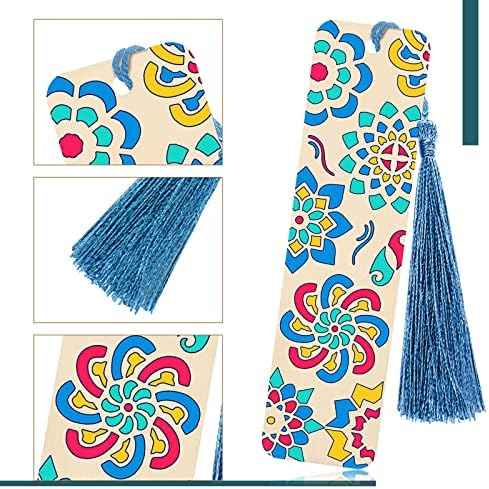 TaoBary 92 Pcs 4.8 x 1.3 Inch Flower Wood Bookmark Making Kit Includes 36 Unfinished Blank Bookmarks 36 Tassels 20 Templates, Back to School DIY Painting Craft for Home Class Holiday Teachers Gift