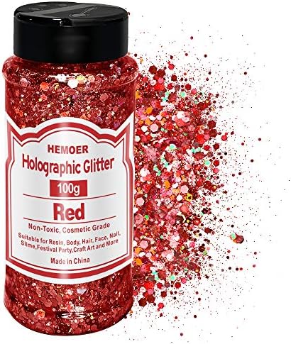 HEMOER Red Glitter, 100g/3.5oz Holographic Chunky Glitter Mixed Hexagon Chunky & Fine Flakes Iridescent Sequins for Epoxy Crafts, Resin, Nail Body, Tumblers, Festival Party