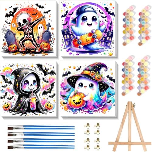 Tabszca 4 Pack Halloween Paint by Numbers Kit for Kids with Frame 8x8 Inch