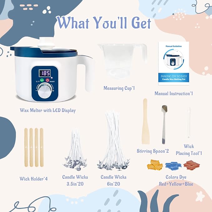 KQU Digital Wax Melting Pot with Temperature Control for Candle Making | wax melter pot with automatic turn off includes wicks, color dyes, spoon, measuring cup