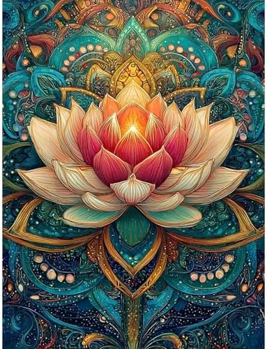 DIYDECORFUN Mandala Lotus Flower 5D Full Drill Diamond Art Kits for Adults & Beginners, Round Diamond Painting, DIY Gem Art & Diamond Dots, Stress Relief Crafts for Home Wall Decor, 12 x 16 Inch