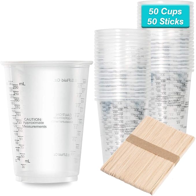 XUXU 50pcs 8oz Graduated Clear Plastic | Measuring Cups with Wooden Stirring Sticks for Mixing Paint Pigments Epoxy Resins Resins
