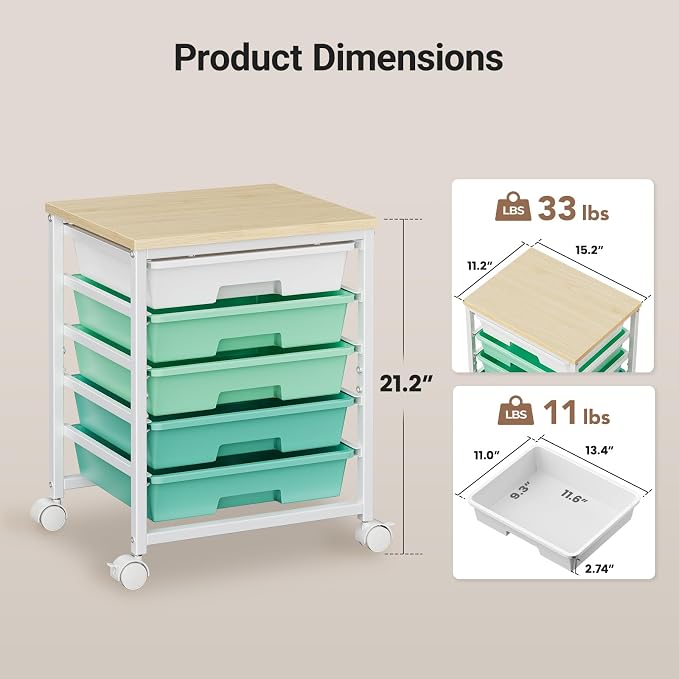 Pipishell Rolling Cart with 5 Drawers, Craft Storage Cart, Green Gradient