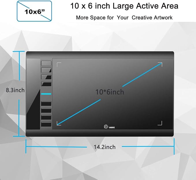 UGEE M708 Drawing Tablet, 10x6 inch Large Space for Digital Drawing | 8 Hot Keys, Passive Stylus of 16384 Levels Pressure, Digital Graphics Art Tablet, For PC Paint, Design, Art Creation Sketch