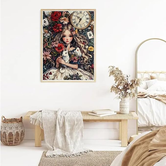YUXUANKANG Diamond Painting Kits for Beginners，5D Diamond Art Kits for Adults, Diamond Art Club Diamond Painting Kits, Rabbit, Clock and Flowers 12X16 Inch
