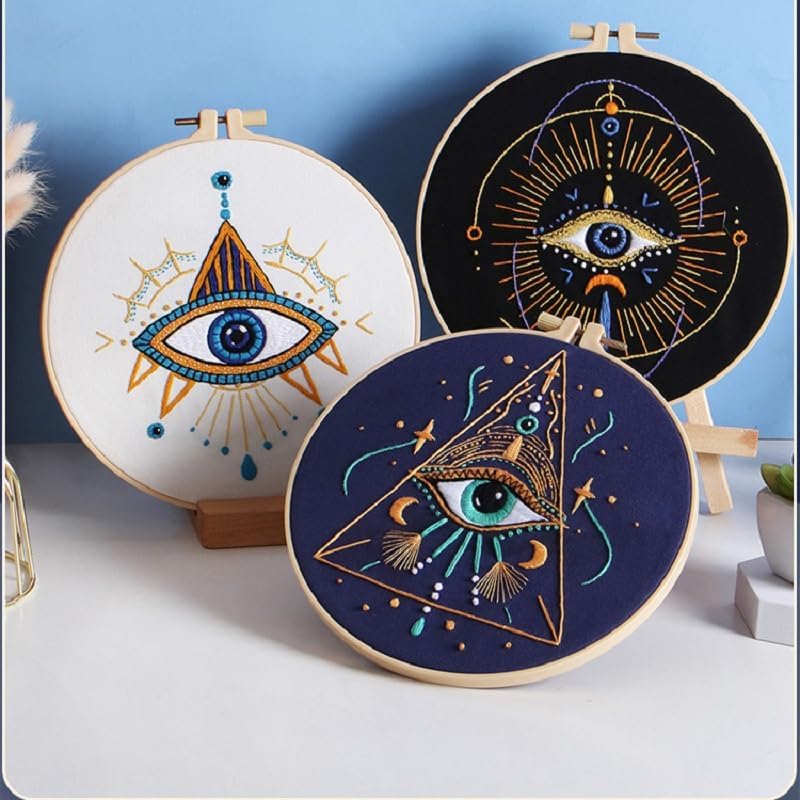 Konrisa 3 Pcs Embroidery Kits with Tarot Cards and Eyes Pattern, Stamped Embroidery Starter Kit for Beginners Adults Needlepoint Kits DIY Sewing Cross Stitch Practice Kit Home Decoration