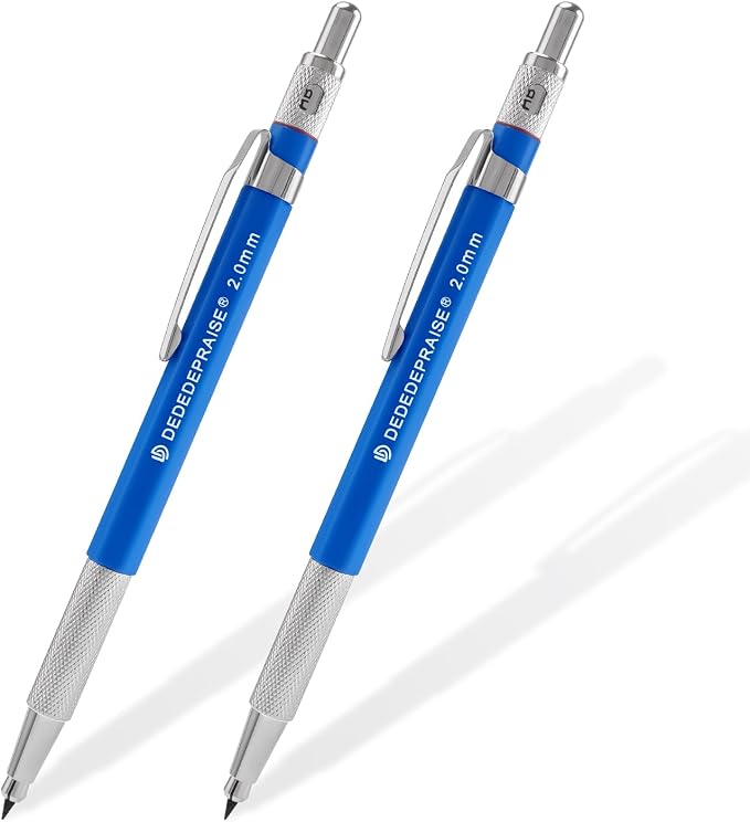 2.0mm Mechanical Pencil Lead Holder with Clip 2.0mm Pencil Metal Mechanical Clutch with Built-in Sharpener Automatic Graphite Lead Pencil for Construction, Draft Drawing, Art Sketching 2PCS