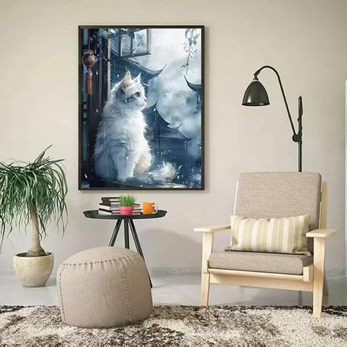 YUXUANKANG Diamond Painting Kit, White Cat by Window, 12x16 Inch, Resin Drills, DIY Craft Activity for Adults
