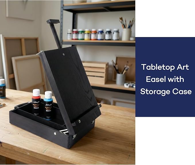 Artkey Tabletop Box Easel, Pine Wood Portable Artist Easel with Storage Case (4 Compartments), Adjustable 0-90° Angle, Carry Handle, for Canvas up to 22.6"