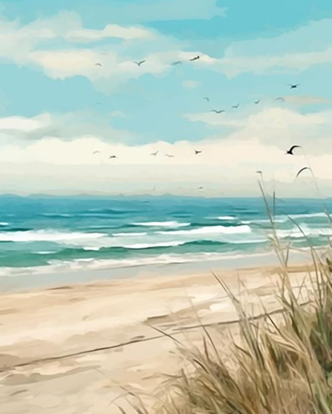 Seaside Beach Paint by Numbers Kits 16x20 inch Canvas DIY Oil Painting for Kids, Students, Adults Beginner with Brushes and Acrylic Pigment Beach Scenery Landscape Decor Photo Gift(without Frame)