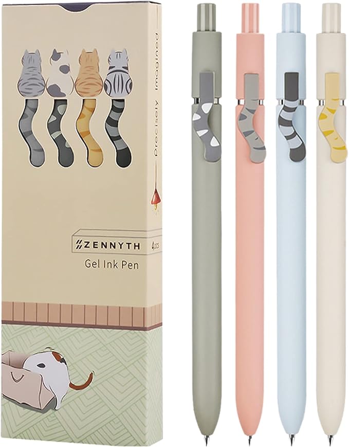 UIXJODO Cat Pens, 4 Pcs 0.5mm Cute Kawaii Black Ink Pens Fine Point Smooth Writing Pen, High-End Series Cat's Tail Retractable Pen for Journaling Note Taking (4 Pcs Cat)
