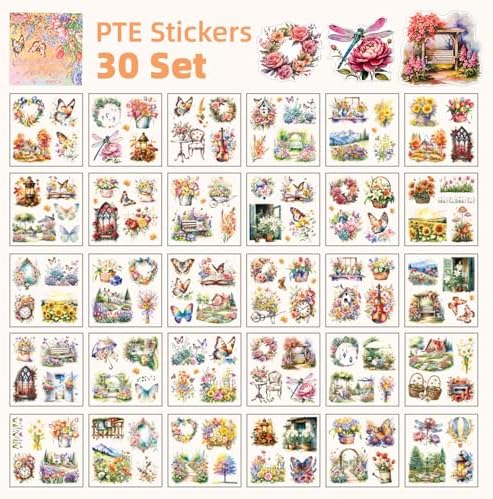 Multi-Tone Garden Theme Scrapbooking Supplies for Junk Journal - 30 Sheets PET Stickers - Vintage Journaling Ephemera Sticker Book Pre Cut(TZ-005-004)