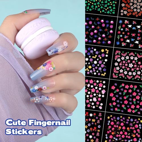 Teenitor 50 Sheets Flower Nail Stickers for Nail Art, Floral Nail Decals Nail Art Stickers for Kids, Butterfly Fingernail Stickers for Women, Cute 3D Self Adhesive Nail Decor for Spring Summer