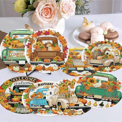 8 Pack Diamond Art Coasters,Autumn Truck Diamond Painting Coasters Kits
