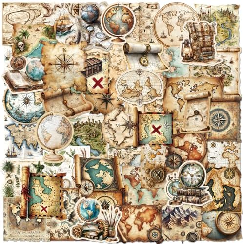 PRSTINCOL 100Pcs Vintage Sticker Pack,Cute Map Design Scrapbook Supplies, Vintage Aesthetic Junk Journal Accessories, Waterproof Vinyl Stickers for Water Bottles, Planners, Journals