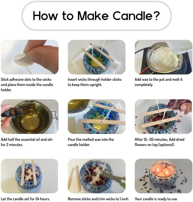 KRAFTSTORIES Candle Making Kit for Adults – DIY Candle Making Set with Natural Soy Wax, Wicks, Essential Oils, Dried Flowers & 4 Turkish Mosaic Glass Jars – Handmade Arts & Crafts Complete Gift (4)