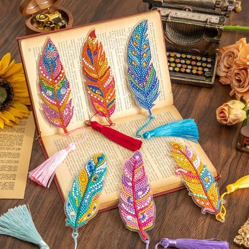 6 Pcs 5D Diamond Painting Art Kit, DIY Acrylic Crystal Diamond Bookmarks with Tassel, Flower & Feather Designs, Handmade Crafts BookMark Gift for Book Lovers, Women & Teenage, Creative Decor