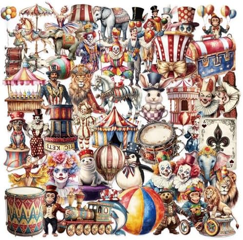 50pcs Transparent Vintage Circus Stickers for Teens,Cute Funny Clown Sticker Waterproof PET Stickers for Scrapbook Photo Album Collage Party Favors Animal Clown Sticker for Teens and Adults