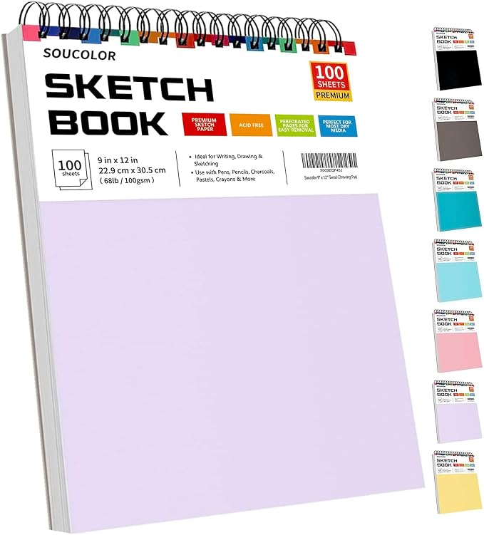 Soucolor 9x12 Sketch Book,100 Sheets Drawing Paper,Sketchbook for Teen Girl | Top Spiral Bound 68lb acid-free paper, Micro-perforated pages,Lay-flat top spiral ,Great for pencils, Pens & All dry media