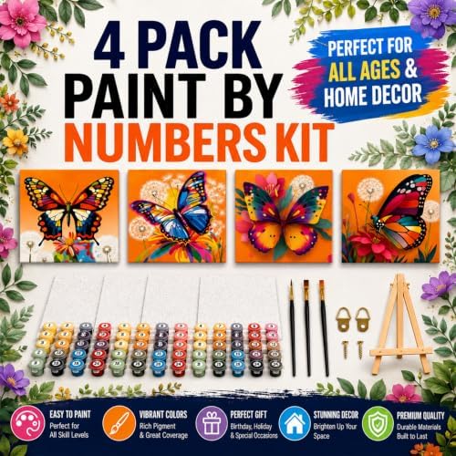 4 Pack Butterfly Paint by Numbers Kit for Kids with Frame Easel 8x8 inch
